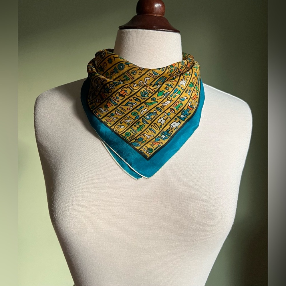 Hieroglyph Silk Scarf, Vintage 100% Silk Square scarf, Egyptian Print